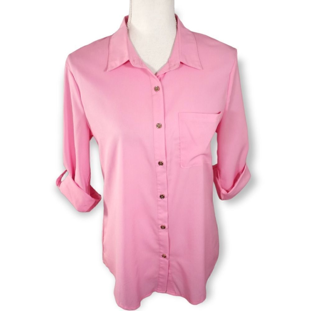 ROLYPOLY PINK CRISSCROSS BACK BUTTON DOWN BLOUSE SZ.M EUC